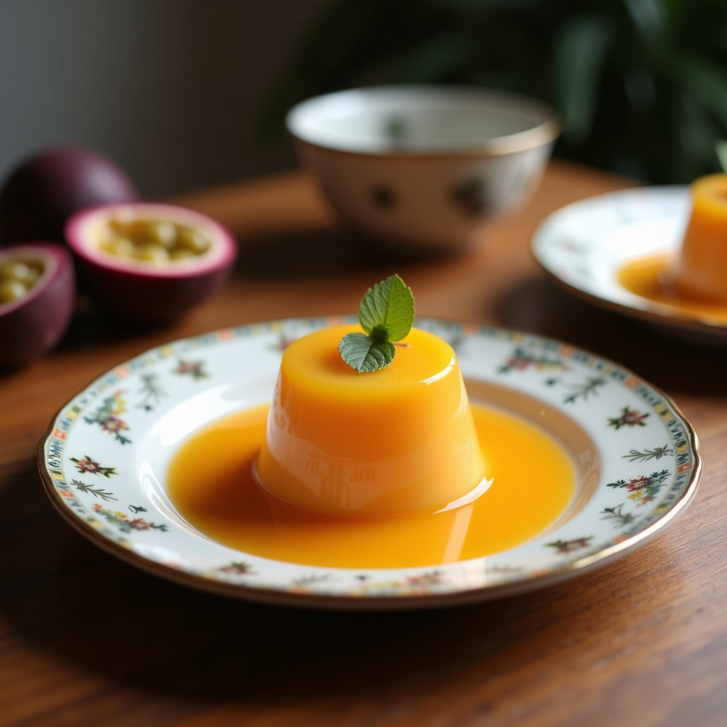 Gelatina brasileña keto de maracuyá y chía con leche de coco en capas, servida en copas de cristal transparente con coco rallado espolvoreado, sobre fondo blanco con hojas de menta.