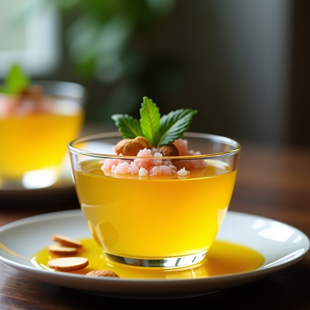 Copa de cristal transparente con gelatina de maracuyá amarillo intenso, coronada con un hilo de aceite de oliva virgen extra y escamas de sal de Himalaya. Decorada con hojas de menta fresca y almendras laminadas tostadas, sobre un fondo rústico de madera oscura.