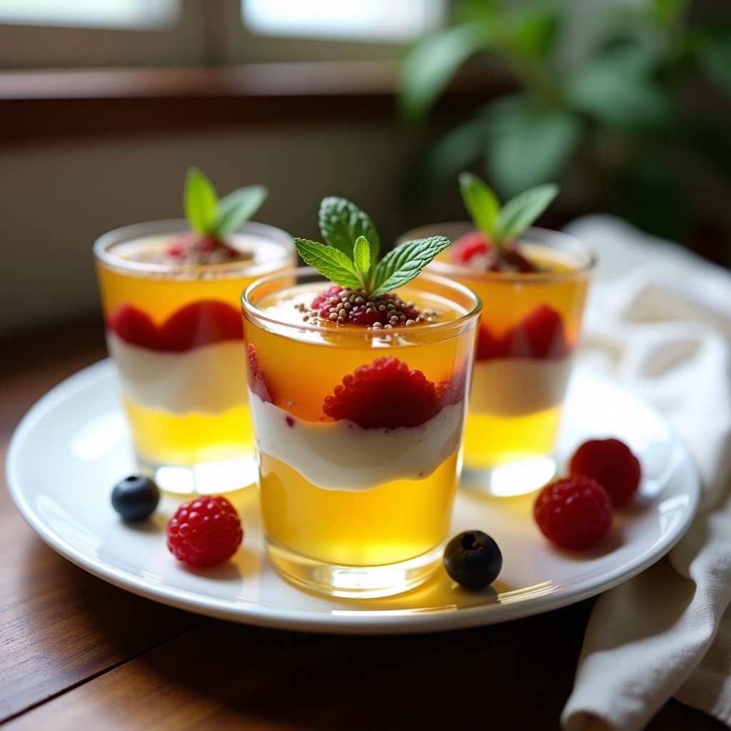 Vasitos de cristal transparentes mostrando capas perfectamente definidas de gelatina de maracuyá amarilla, semillas de chía negras y yogur griego cremoso, decorados con coco rayado. Postre colombiano alta en proteína y sin horno.