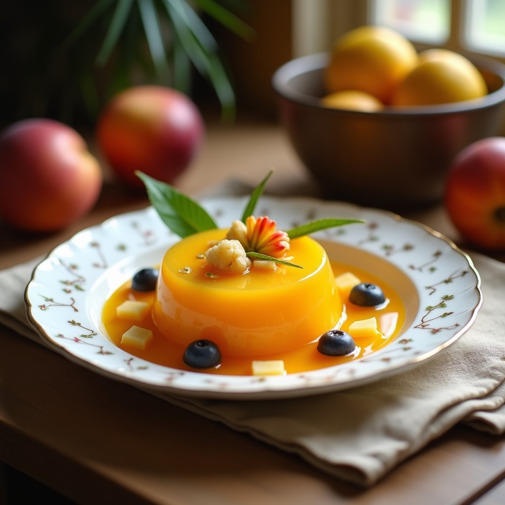 Gelatina de maracuyá y coco en capas con trozos de mango y piña fresca, decorada con coco rallado y hojas de menta, servida en moldes individuales transparentes sobre fondo blanco.