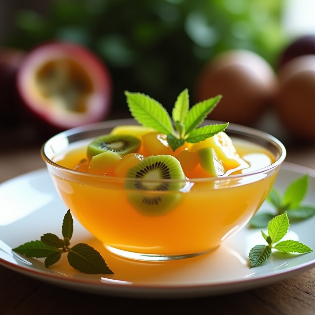 Gelatina transparente de color ámbar con trozos verdes de kiwi suspendidos, servida en copa de cristal con hojas de menta como decoración, postre brasileño sin azúcar.