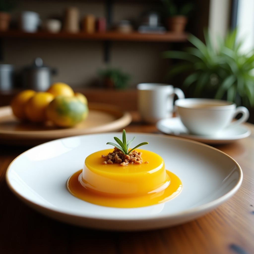 Gelatina de maracuyá y oolong sin azúcar servida en copa de cristal transparente, con capas doradas y ámbarr, decorada con semillas de sésamo negro y rodajas de limón, postre chino rico en antioxidantes.
