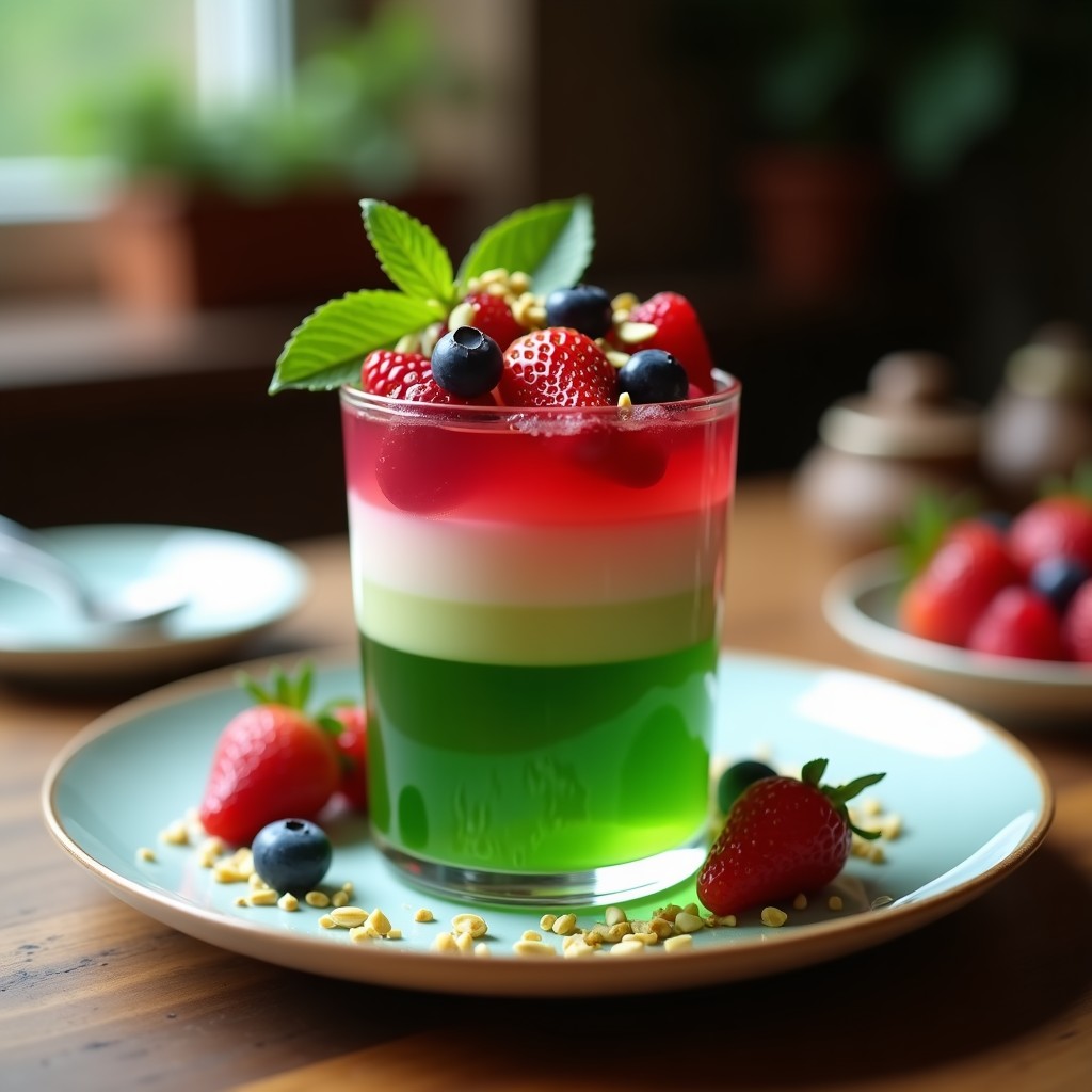 Gelatina verde esmeralda de matcha con capas transparentes de agua de rosa, decorada con frutos rojos frescos, pistachos picados y hojas de menta en una copa de cristal, postre iraní sin azúcar.