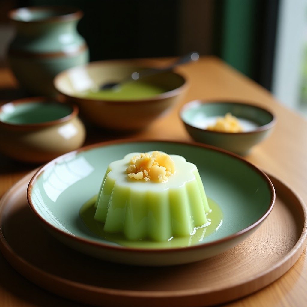 Gelatina vegana de matcha y coco en moldes transparentes, con trozos de lichi fresco y coco rallado por encima, servida en plato blanco sobre fondo de madera clara.