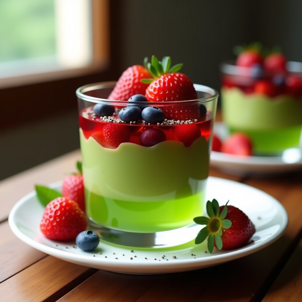 Gelatina de Matcha y Leche de Almendras: Receta Postre Saludable con Capas de Frutos Rojos