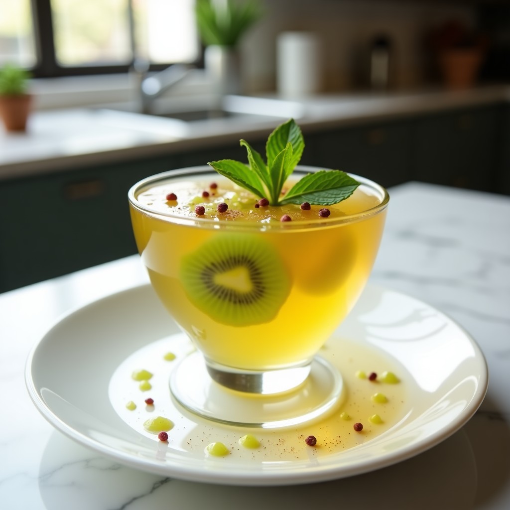 Gelatina transparente de color ámbar con trozos verdes de kiwi en su interior, servida en copa de cristal con hojas de menta y pimienta rosa en polvo espolvoreada, postre detox sin azúcar.