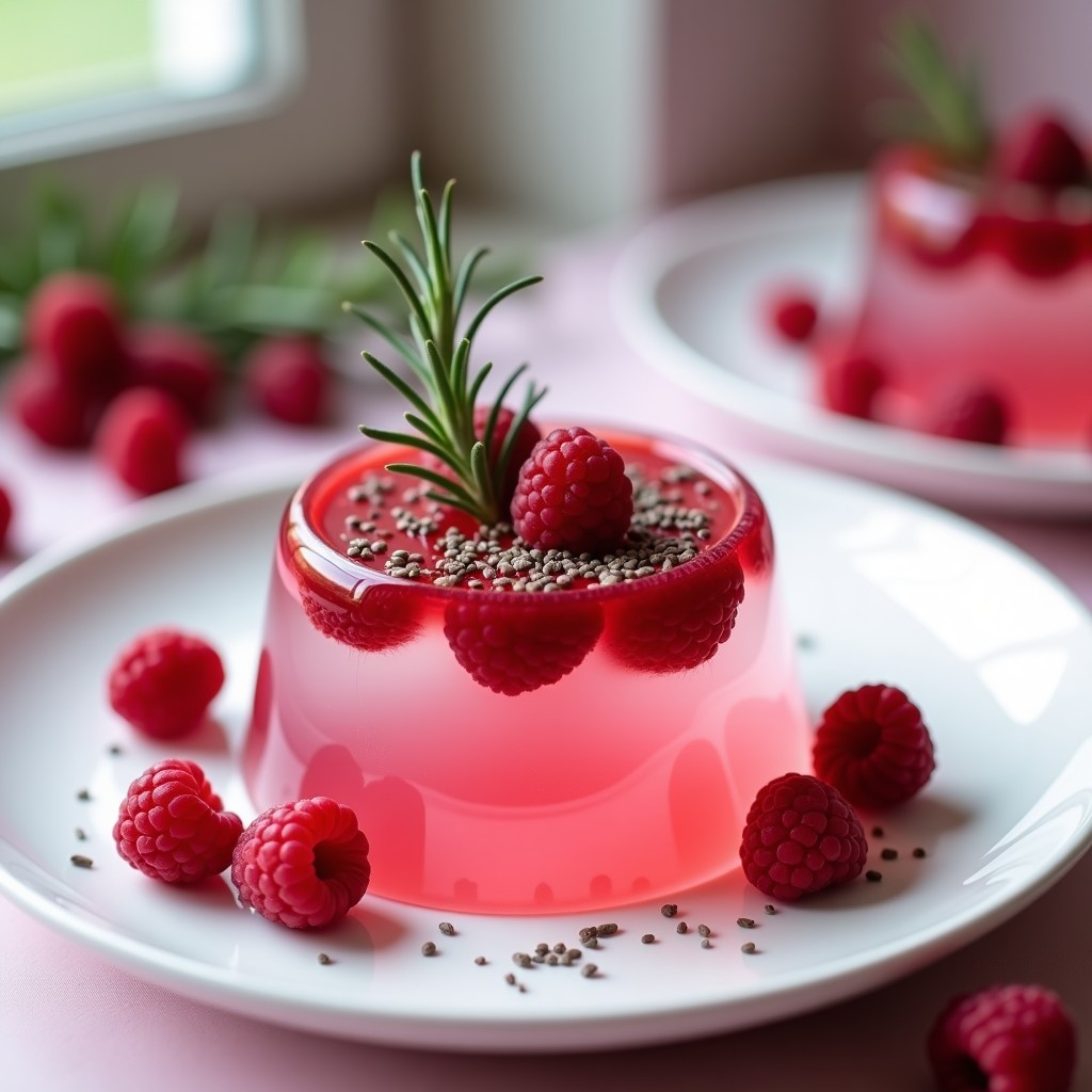 Gelatina vegana de agua de rosemary y frambuesas en copas transparentes, con frambuesas frescas y ramitas de romero como decoración, postre sin azúcar y sin gelatina animal.