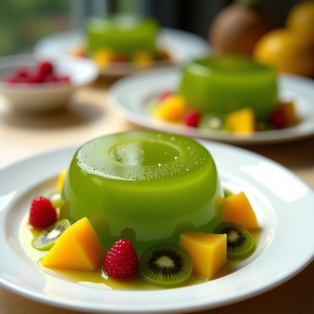 Gelatina vegana de té verde matcha y limón en vasitos transparentes, con capas de trozos de mango y kiwi visibles. Servida con una rodaja de limón y hojas de menta como decoración, postre refrescante sin azúcar.