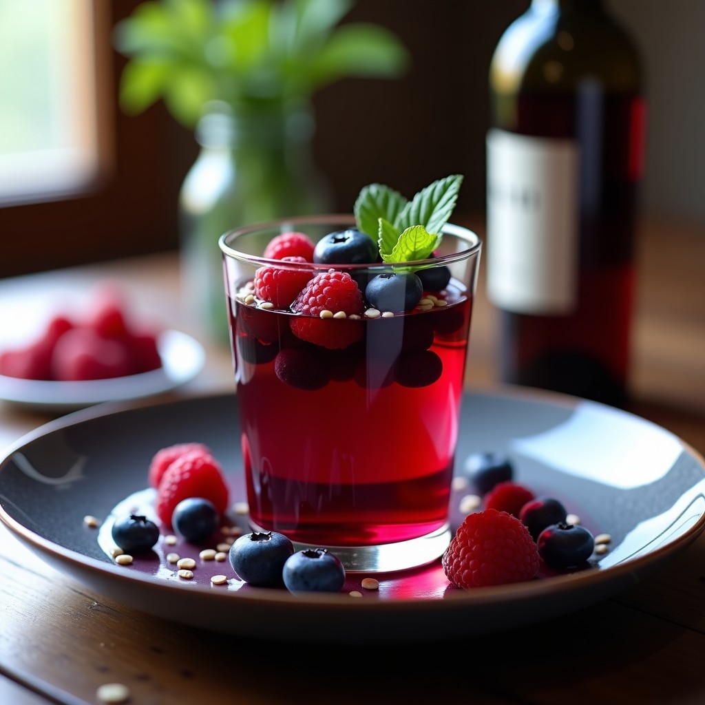 Copas de cristal transparente con gelatina de vino tinto y frutos rojos sin azúcar, decorada con frambuesas frescas, arándanos y hojas de menta. Postre español elegante y saludable con tonos rojos intensos y textura sedosa.