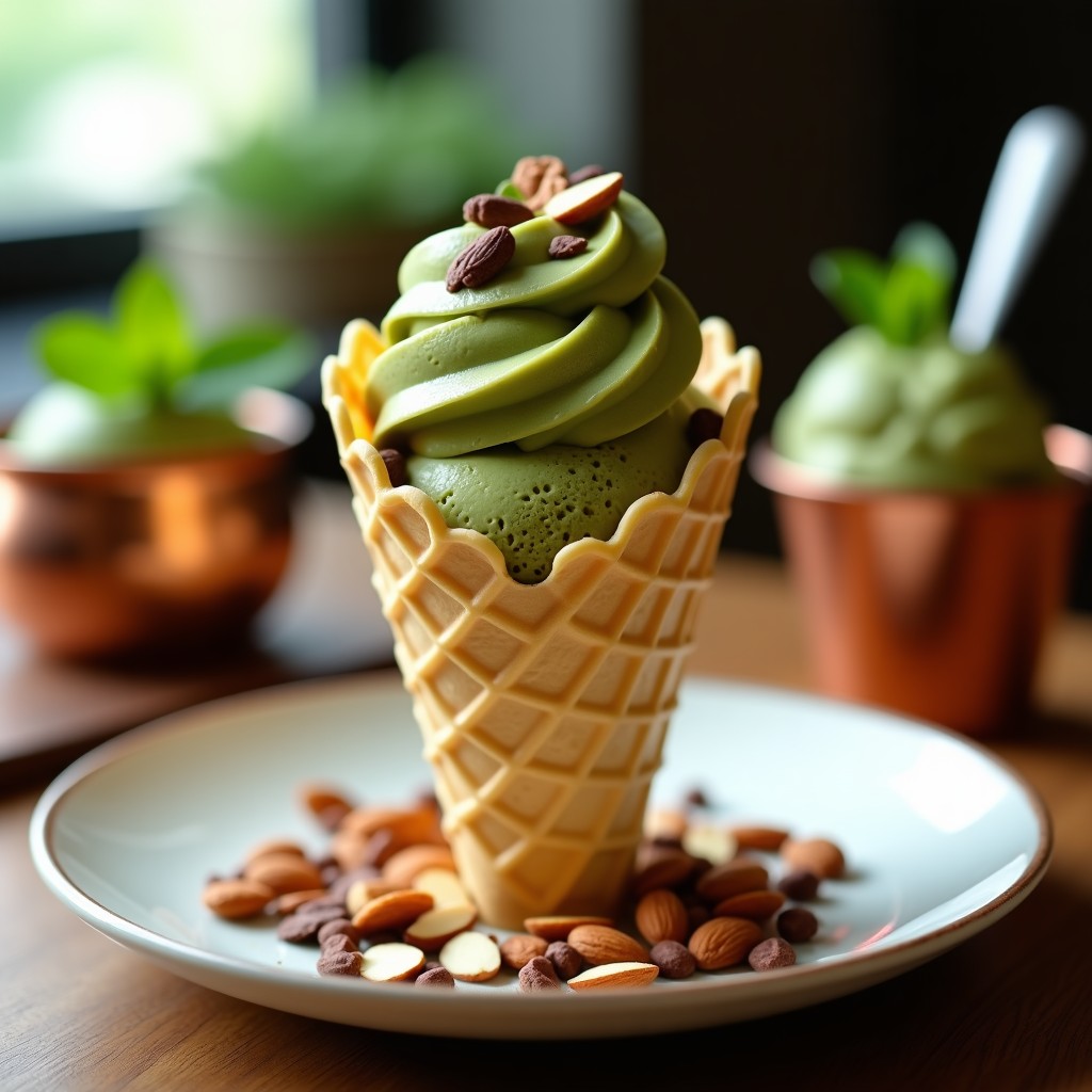 Cucurucho de barquilla dorada con gelato de aguacate y cacao ultracremoso, color verde intenso oscuro, decorado con almendras fileteadas y virutas de cacao. Fondo borroso con más gelato en recipiente metálico y hojas de menta.
