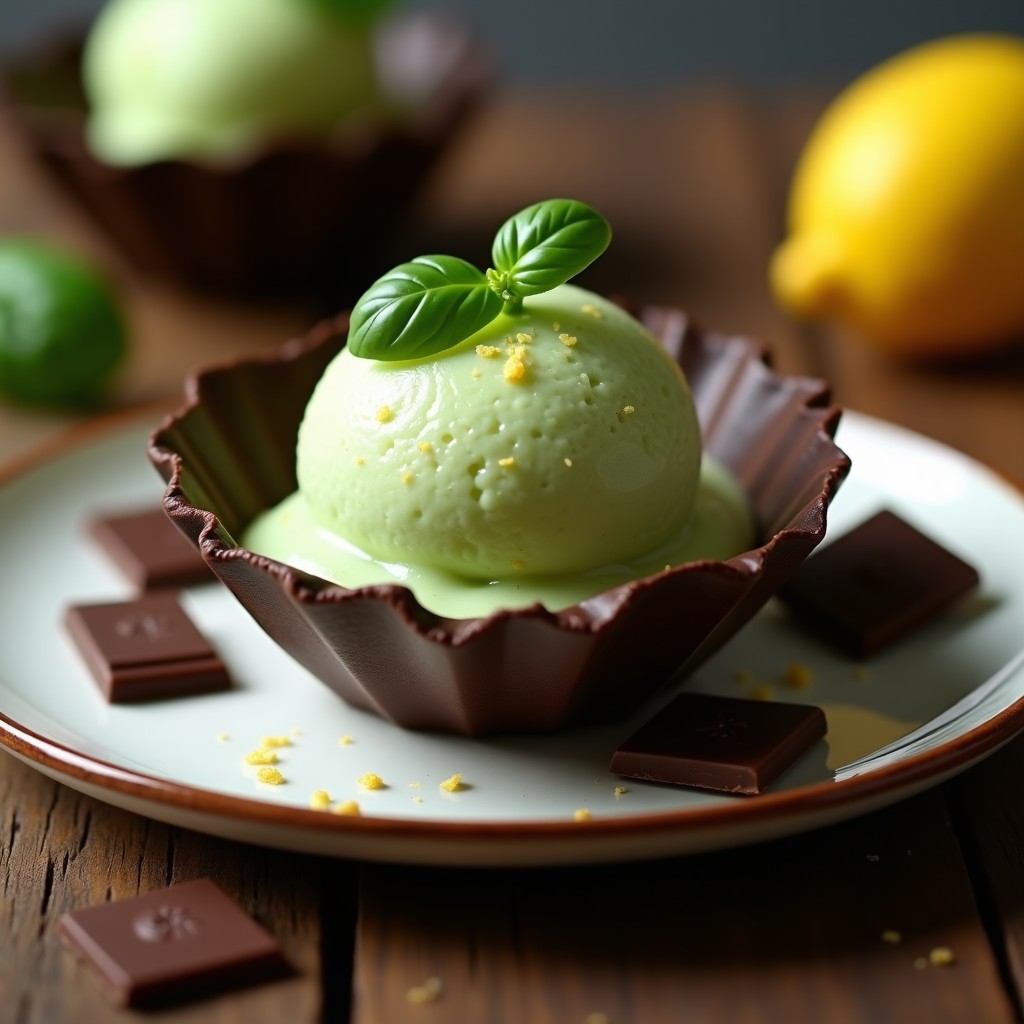 Gelato de Albahaca y Limón con Virutas de Chocolate 100%: Postre Italiano Keto Sin Lácteos