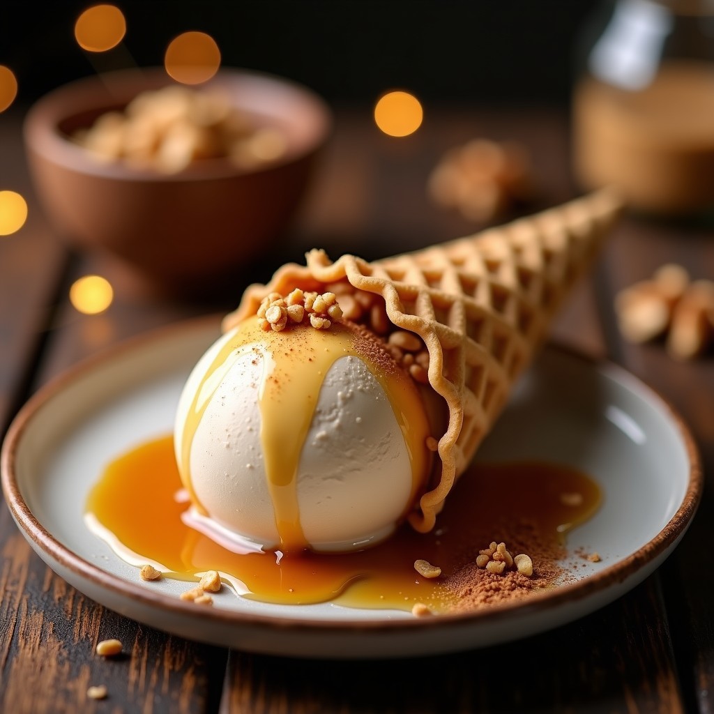 Cucurucho de gelato vegano de color beige claro con vetas doradas de sirope de arce, decorado con nueces picadas y una pizca de canela en polvo sobre fondo rústico de madera.