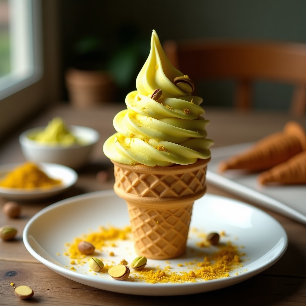 Copa de gelato italiano keto de color dorado intenso con vetas verdes de pistacho, servido en cucurucho de barquilla y decorado con pistachos tostados picados. Textura cremosa y brillante bajo luz natural.