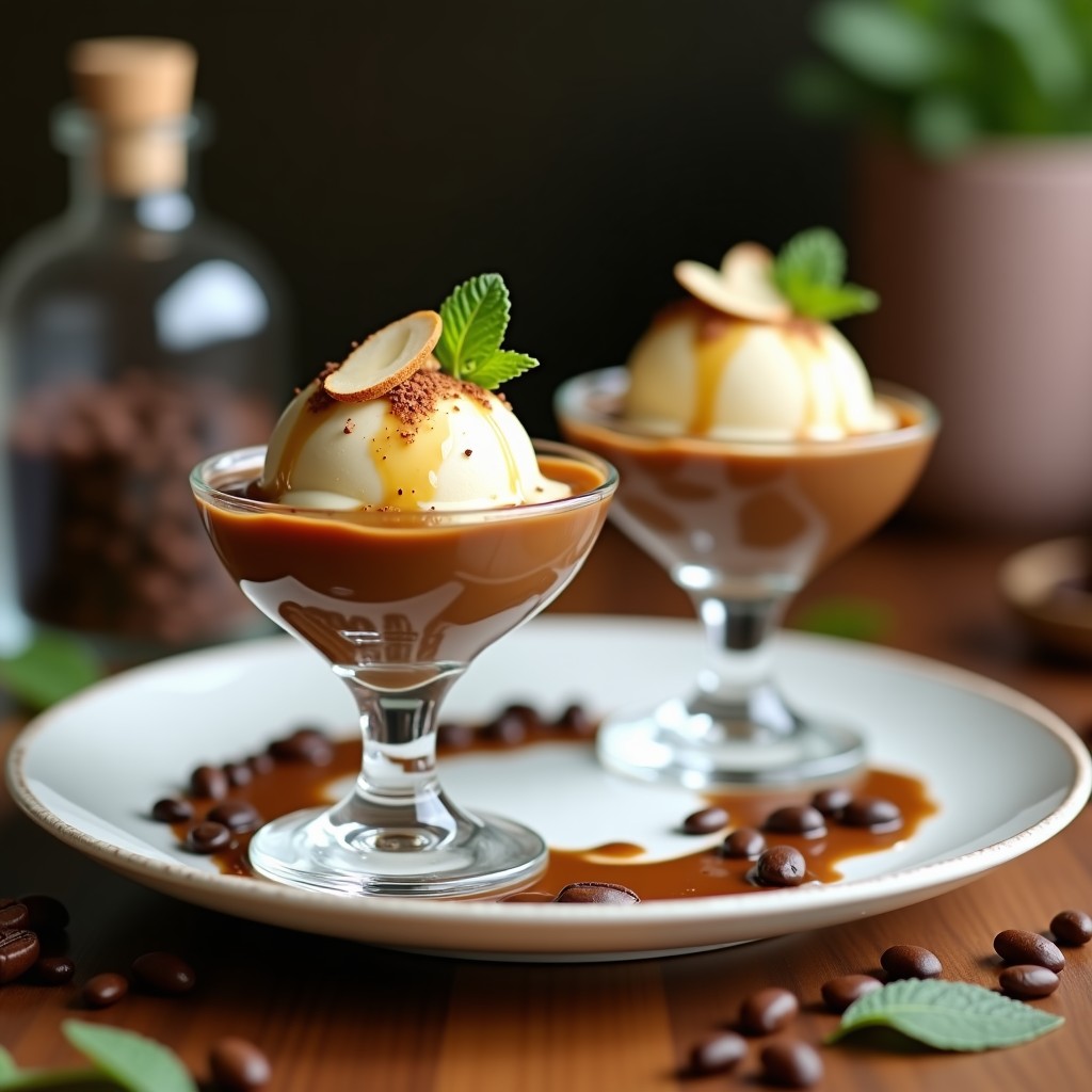 Copas de cristal transparente con gelato de café y aceite de oliva, decorado con almendras fileteadas tostadas y un hilo de aceite de oliva virgen extra. Fondo borroso con granos de café y hojas de menta.