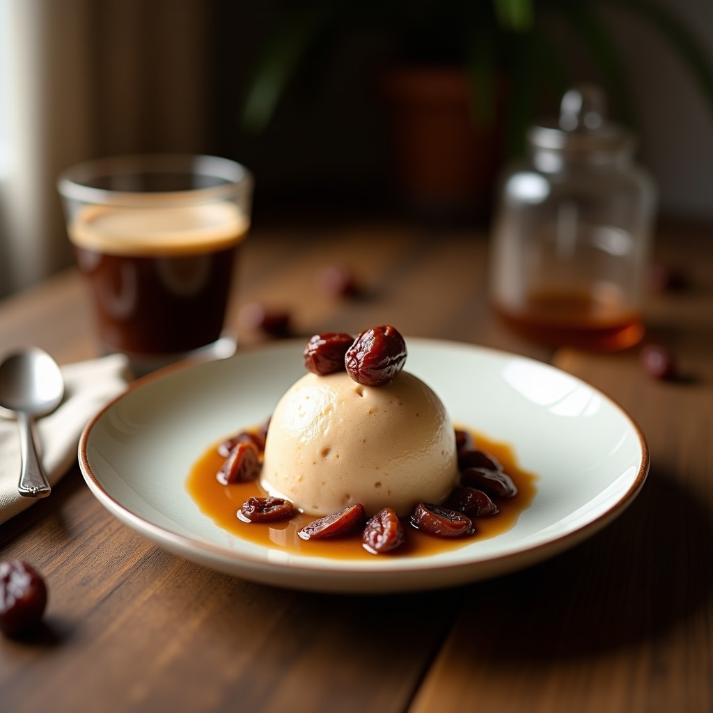 Copas de cristal con gelato de café y cardamomo vegano, coronado con pistachos tostados y un toque de cardamomo molido, sobre fondo rústico de madera con granos de café esparcidos.