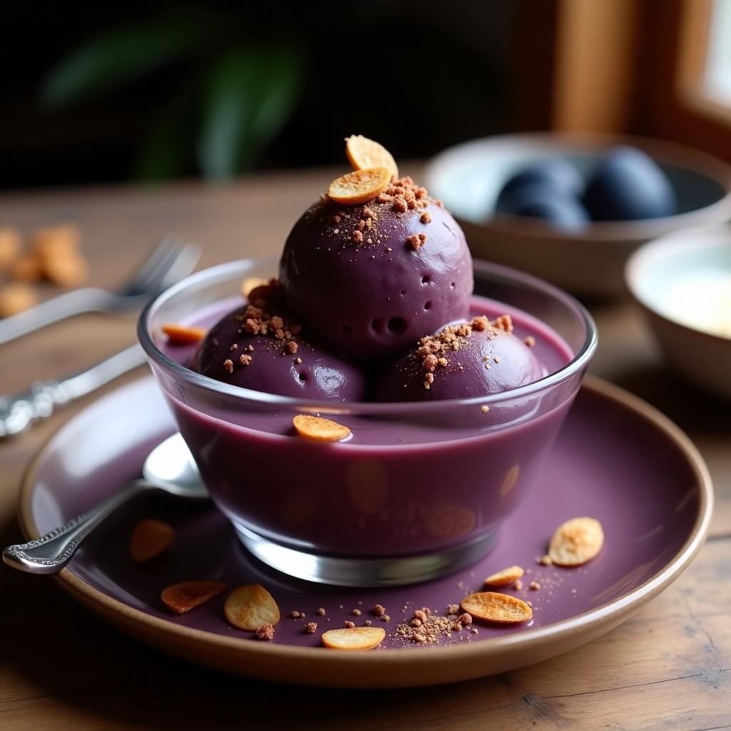 Copa de gelato italiano cremoso de color morado oscuro con vetas de puré de higo negro, espolvoreado con pimienta de Sichuan y almendras fileteadas tostadas. Textura sedosa y brillo natural, servido en copa de cristal transparente sobre fondo rústico de madera.
