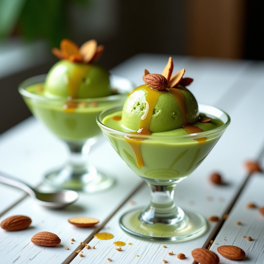 Copas de gelato de matcha y almendras con sirope de agave, postre vegano sin lácteos en Thermomix, decorado con almendras tostadas y un hilo dorado de sirope sobre fondo blanco rústico.
