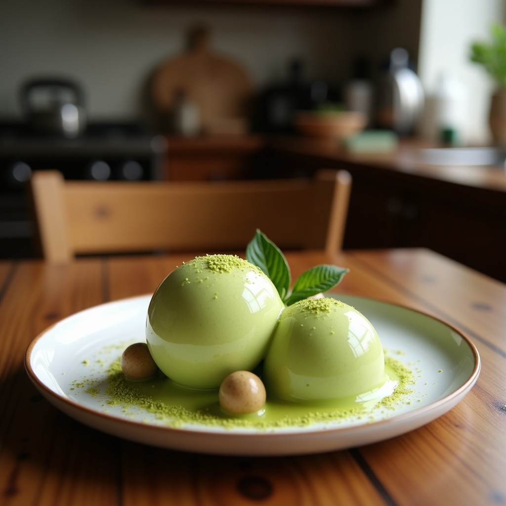 Copa de cristal transparente con gelato de matcha y semillas de chía, de color verde pálido y textura cremosa, decorado con semillas de chía espolvoreadas y una rodaja de limón. Fondo blanco con detalles minimalistas japoneses.