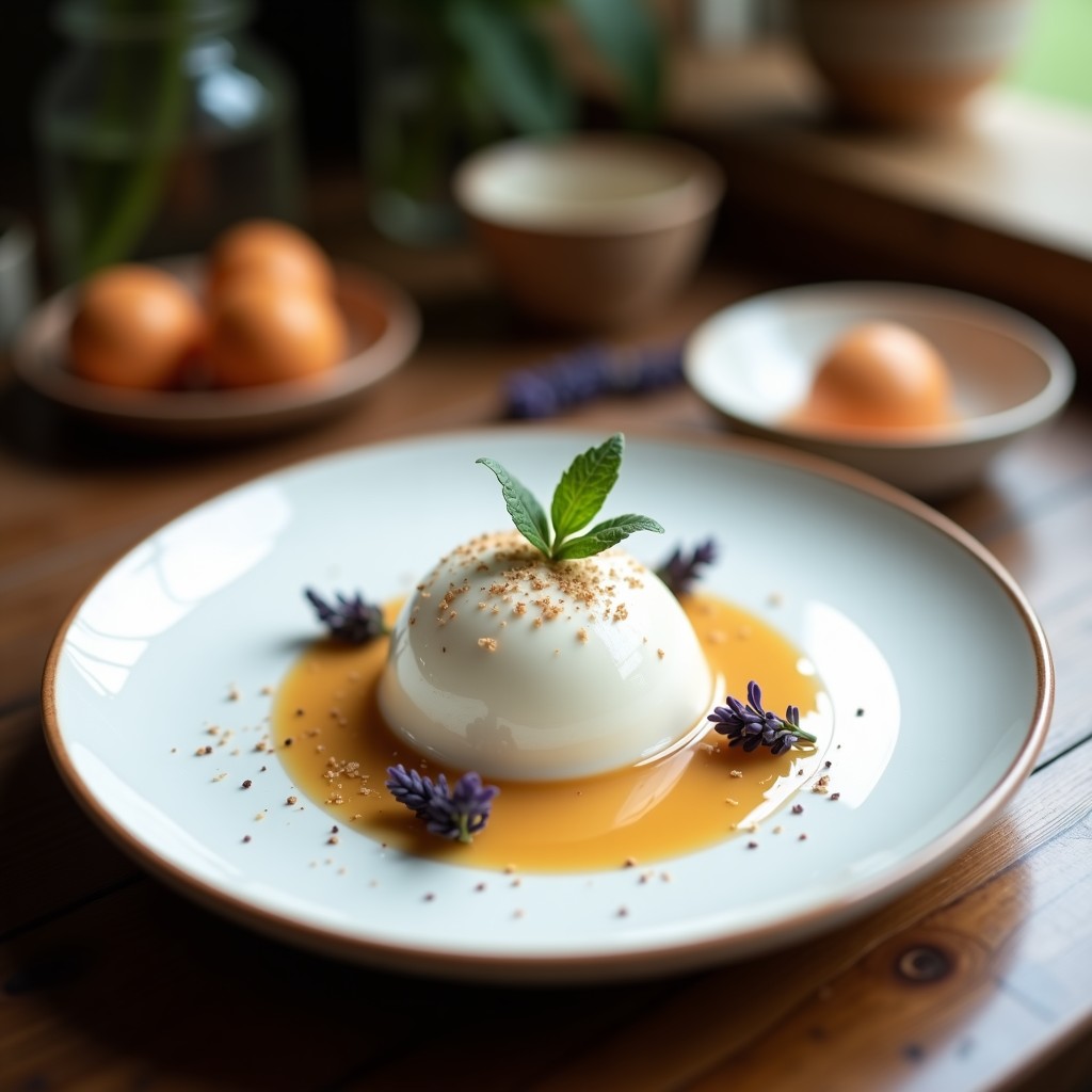 Cucurucho de barquillo con gelato de té blanco y lavanda sin azúcar, decorado con hebras de té blanco y pétalos de lavanda morada sobre fondo rústico de madera.