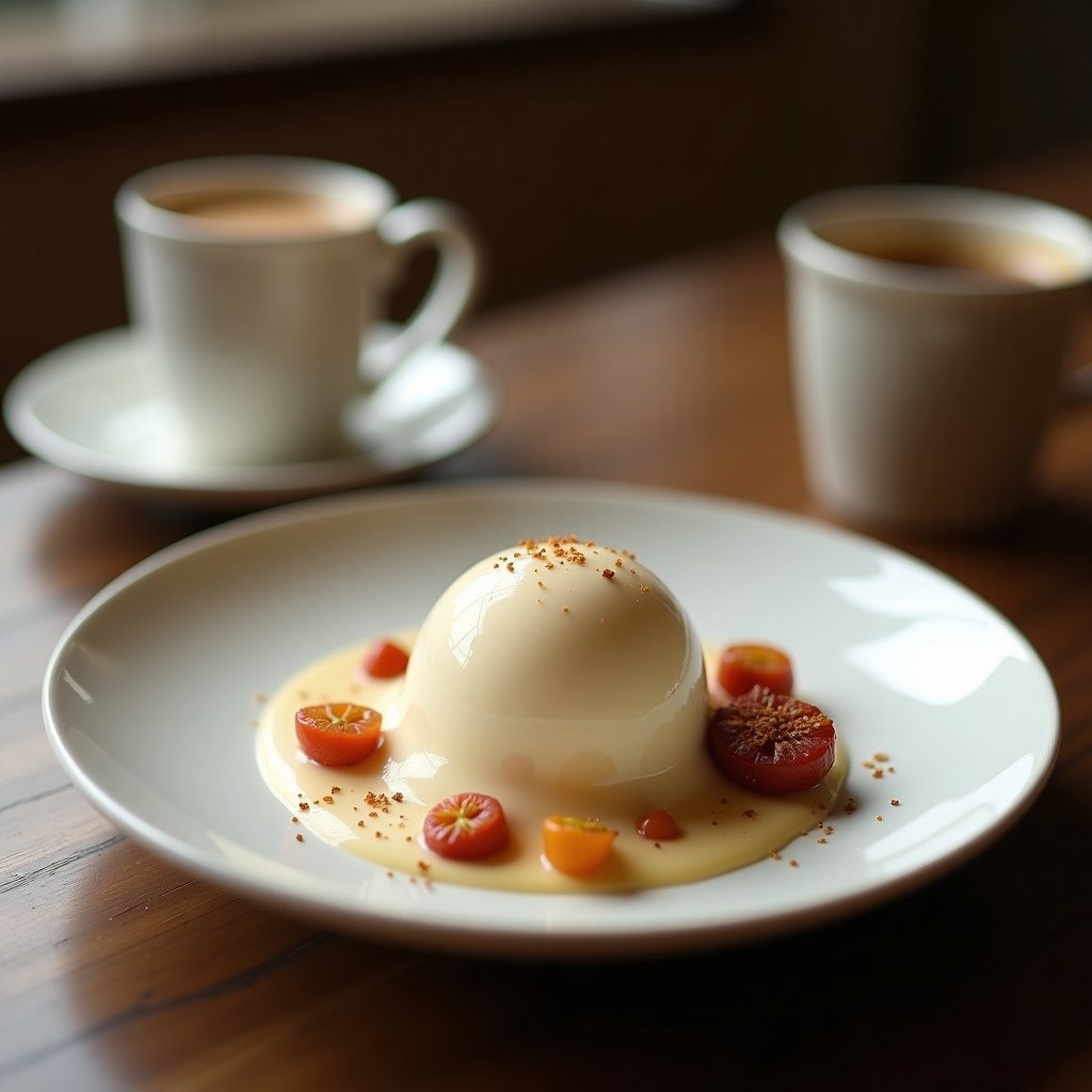 Copa de vidrio transparente con gelato de té chai y cardamomo keto, decorado con almendras fileteadas tostadas y un toque de cardamomo molido. Fondo borroso con especias chai esparcidas y hoja de menta.