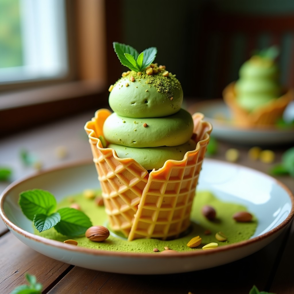 Cucurucho de barquilla dorada relleno de gelato de té verde y pistacho keto sin azúcar, con textura cremosa y vetas verdes suaves. Decorado con pistachos picados y un espolvoreado de té matcha en polvo, sobre fondo rústico de madera con hojas de menta.