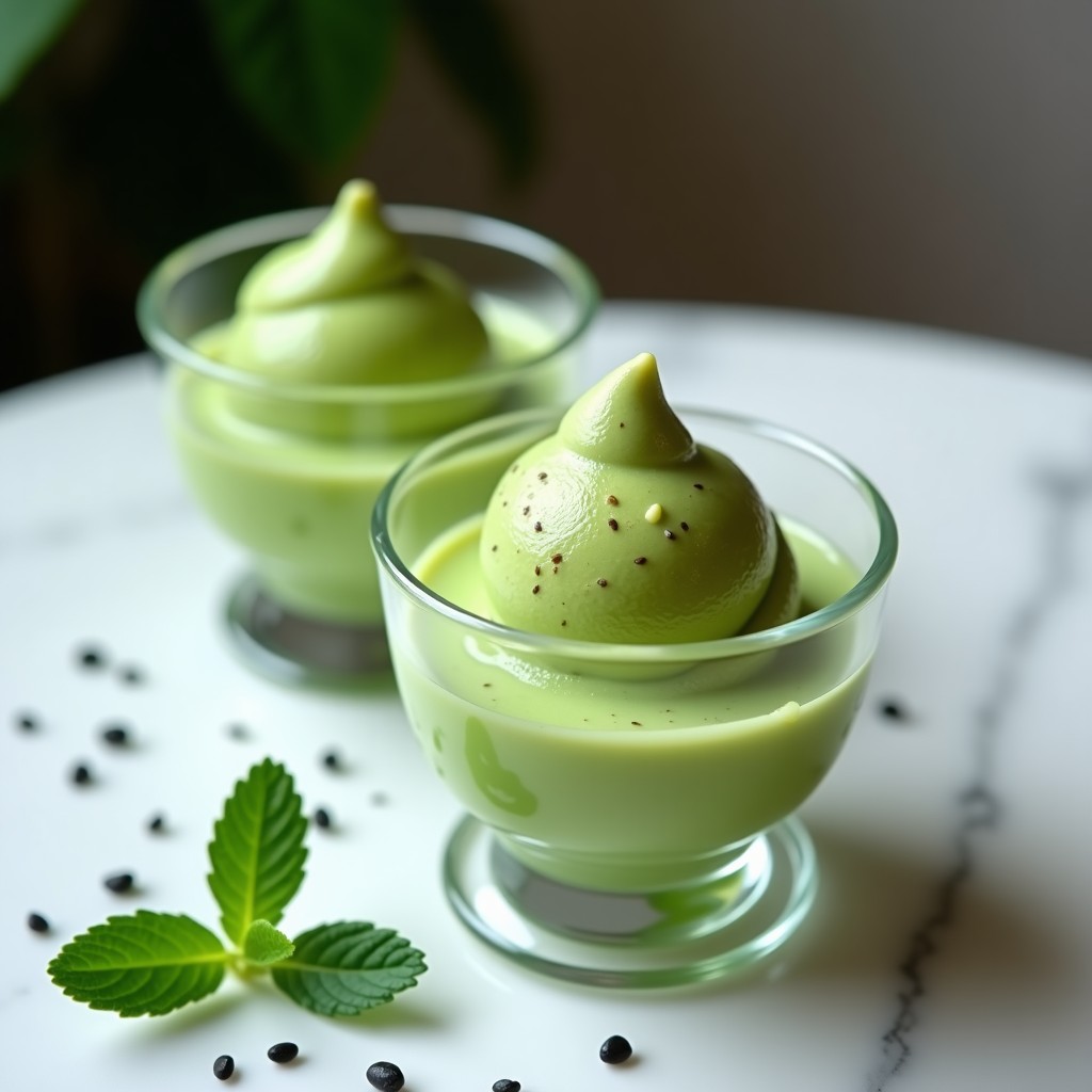 Copas de cristal transparete con gelato de té verde y wasabi sin azúcar, decorado con semillas de chía y un hilo de pasta de wasabi. Textura cremosa y color verde esmeralda intenso, servir sobre fondo blanco con hojas de menta.