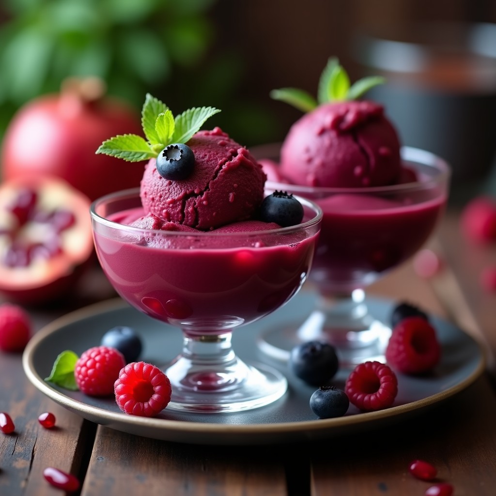 Copas elegantes de gelato italiano de vino tinto y frutos rojos, con un color morado intenso y textura cremosa, decorado con frambuesas frescas y hojas de menta sobre un fondo de madera oscura.