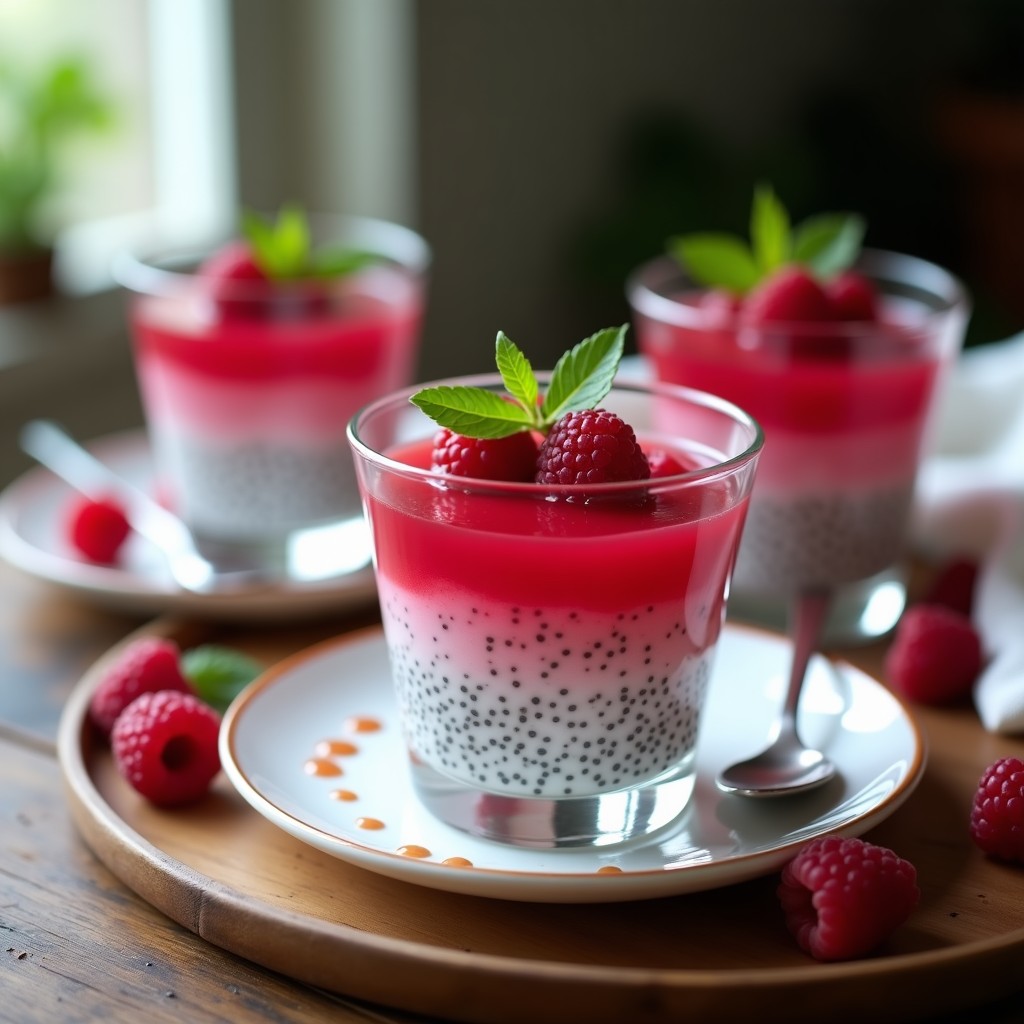 Gelée de frambuesa y chía con leche de almendras servida en copas de cristal transparente, con capas visibles de semillas de chía y decoración de frambuesas frescas y hojas de menta.