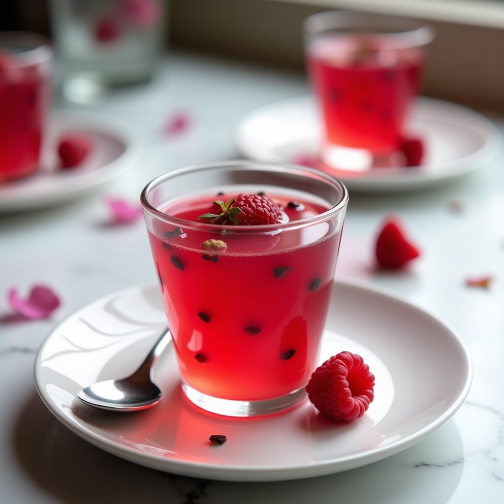 Copa de cristal transparente con gelée de frambuesa y semillas de chía sin azúcar, decorada con pétalos de rosa comestibles y un hilo de agua de rosas. Textura gelatinosa con puntos negros de chía y tono rojo vibrante. Postre vegano keto con toque de rosa y vainilla.