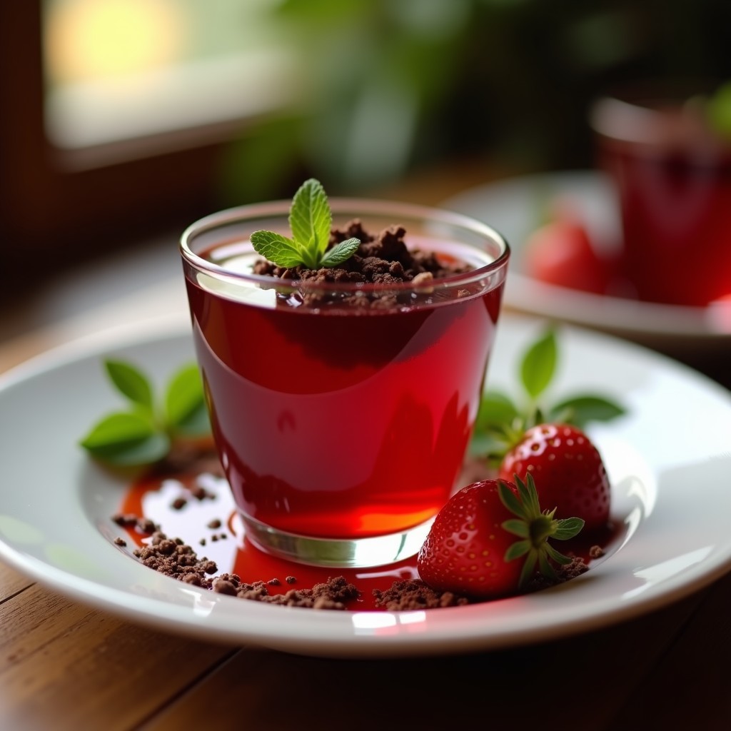 Copa de cristal transparente con gelée de vinagre balsámico y fresas, coronada con virutas de chocolate negro y una hoja de menta. Postre italiano sin azúcar con textura brillante y colores vibrantes.