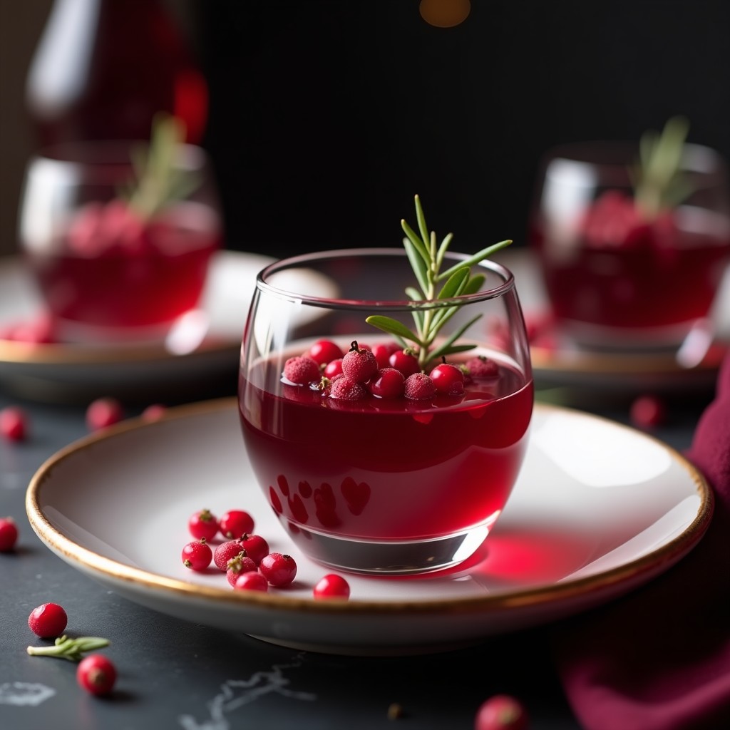 Copas de cristal transparente con gelée de vino tinto y pimienta rosa keto, de color rojo intenso y brillante, decoradas con pimienta rosa molida y una rodaja de naranja confitada. Fondo borroso con detalles de una mesa elegante y servilleta de lino.