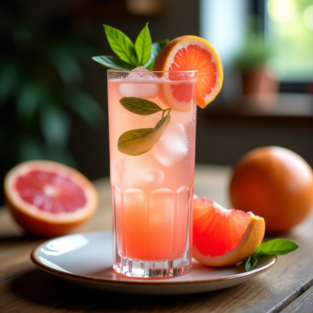 Vaso alto de cristal con Gin Tonic de Pomelo Rosa y Albahaca sin alcohol, decorado con rodajas de pomelo rosa, hojas de albahaca fresca y hielo brillante, sobre una mesa rústica con luz natural.