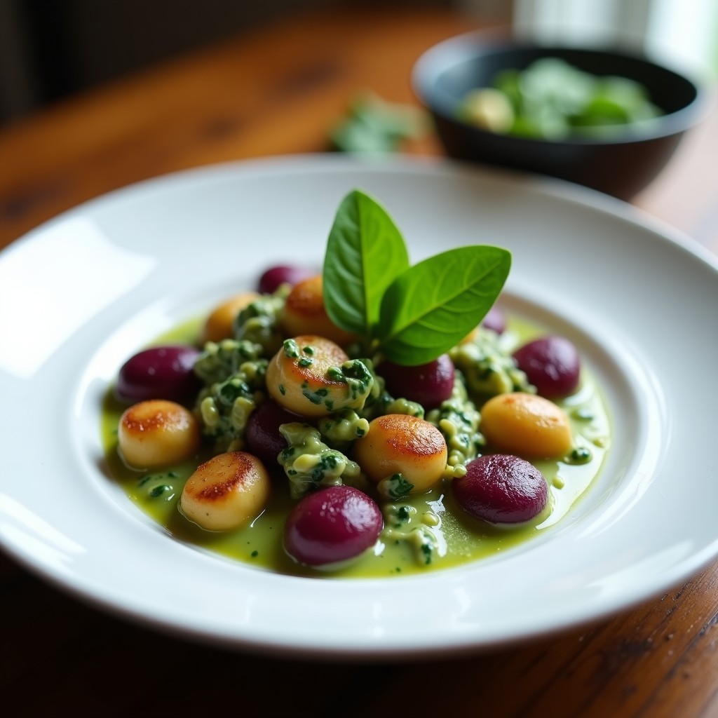 Plato blanco con gnocchi de ñame morado dorados en airfryer, bañados en una cremosa salsa verde de queso de cajuela y espinacas frescas. Toque final con levadura nutricional espolvoreada y hojas de espinaca. Receta sin lactosa y vegana.