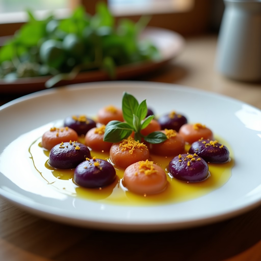 Plato blanco con gnocchi de batata morada y azafrán de color violeta intenso, servidos con salsa de yogur griego y decorados con hojas de menta fresca. Fondo difuminado con tonos cálidos.