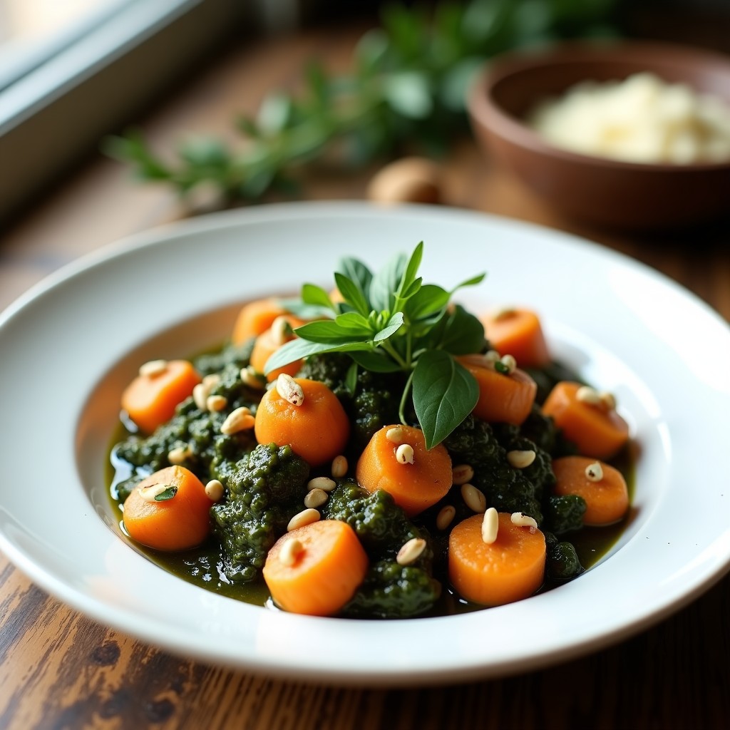 Plato blanco con gnocchi de batata morada keto dorados, bañados en pesto de rúcula verde intenso, decorados con piñones tostados y hojas de rúcula fresca. Receta italiana sin harina y baja en carbohidratos.
