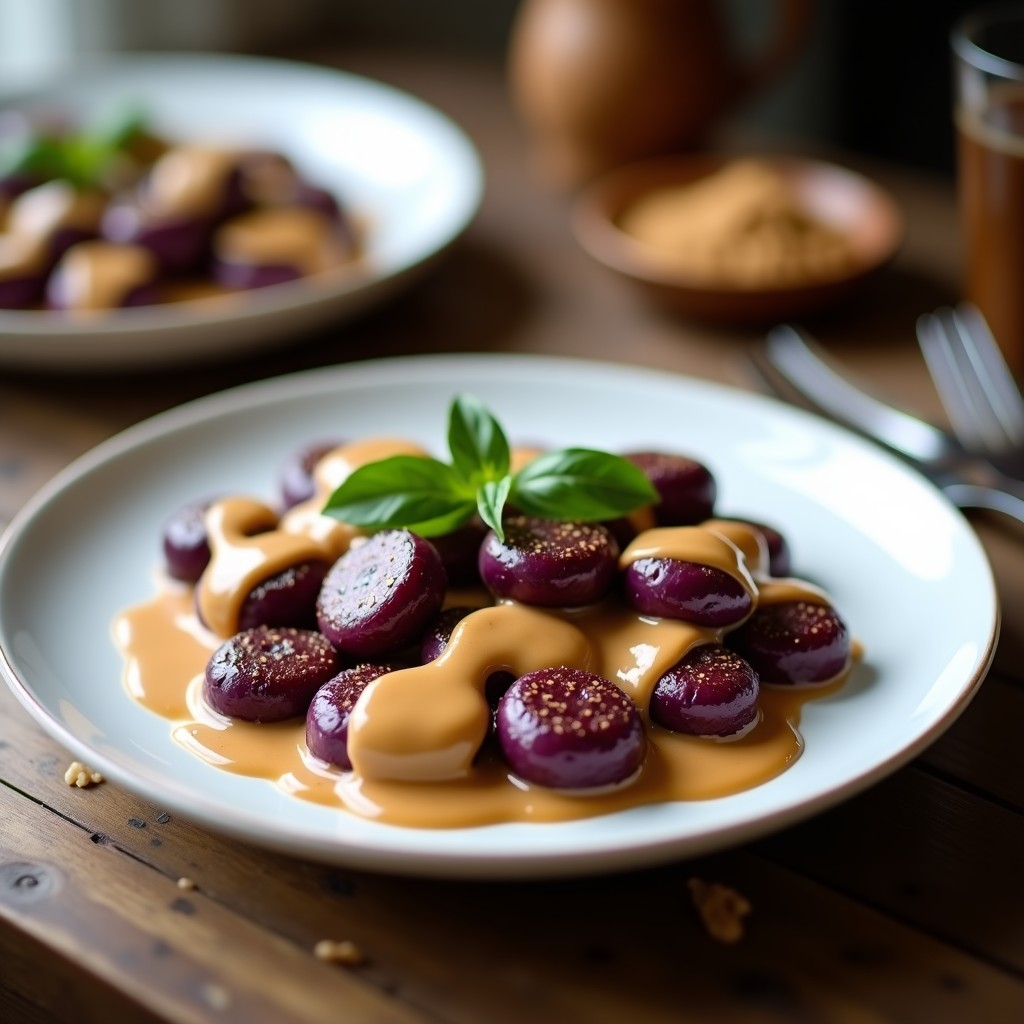 Plato blanco con gnocchi de batata morada dorados en airfryer, bañados en salsa cremosa de nueces y decorados con hojas de albahaca fresca. Receta vegana y sin harina.