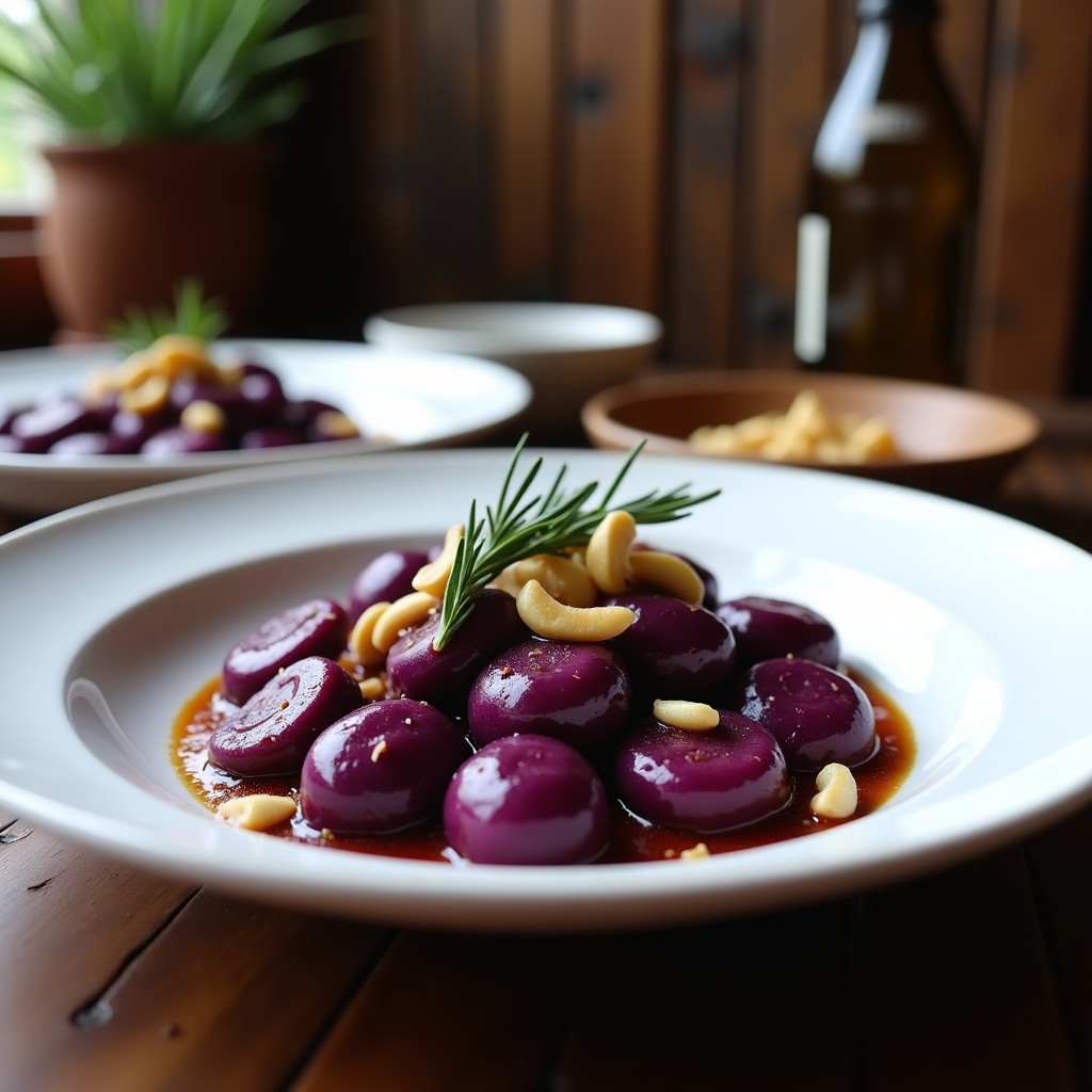Plato blanco con gnocchi de batata morada sin gluten bañados en salsa cremosa de ajo negro y romero, decorados con anacardos tostados y hojas de romero fresco, sobre fondo rústico de madera.