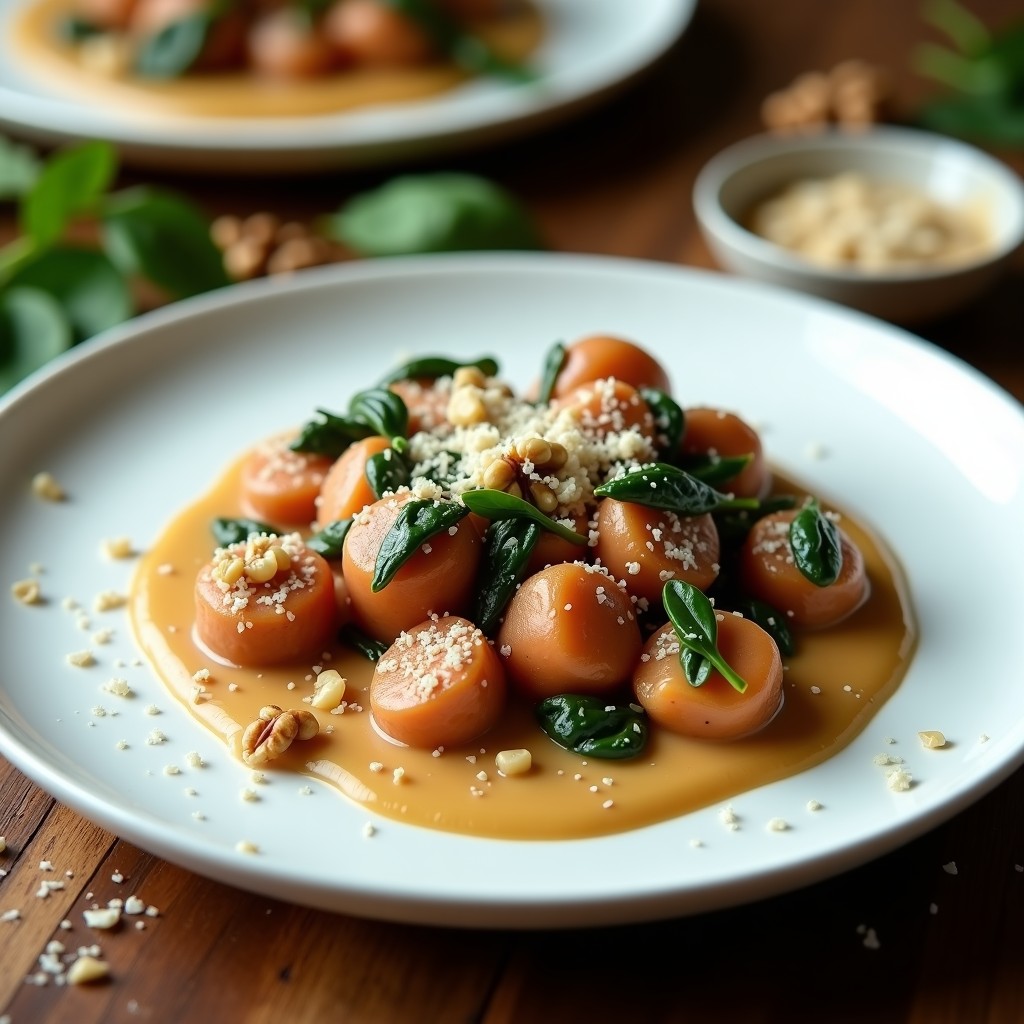 Plato blanco con gnocchi de boniato morado y espinacas, bañados en salsa cremosa de nueces, decorados con virutas de parmesano y trocitos de nuez tostada, receta keto y sin harina.