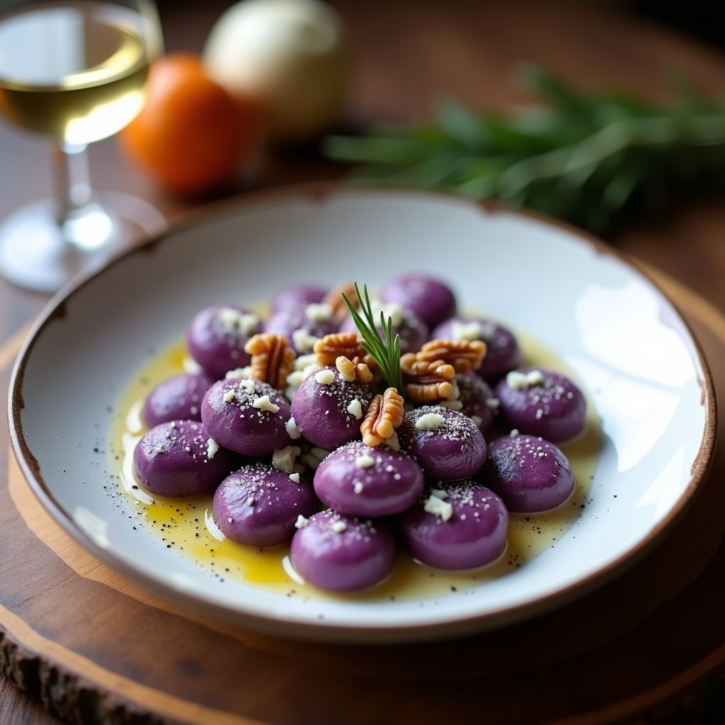 Gnocchi de Boniato Morado con Salsa de Queso Azul y Nueces: Receta Italiana Sin Gluten