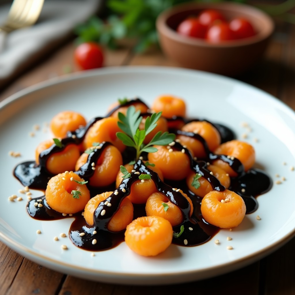 Plato blanco con gnocchi de boniato dorados y esponjosos, bañados en salsa de ajo negro cremosa y oscura, decorados con perejil fresco y semillas de sésamo tostado. Receta vegana y sin gluten cocinada en airfryer.