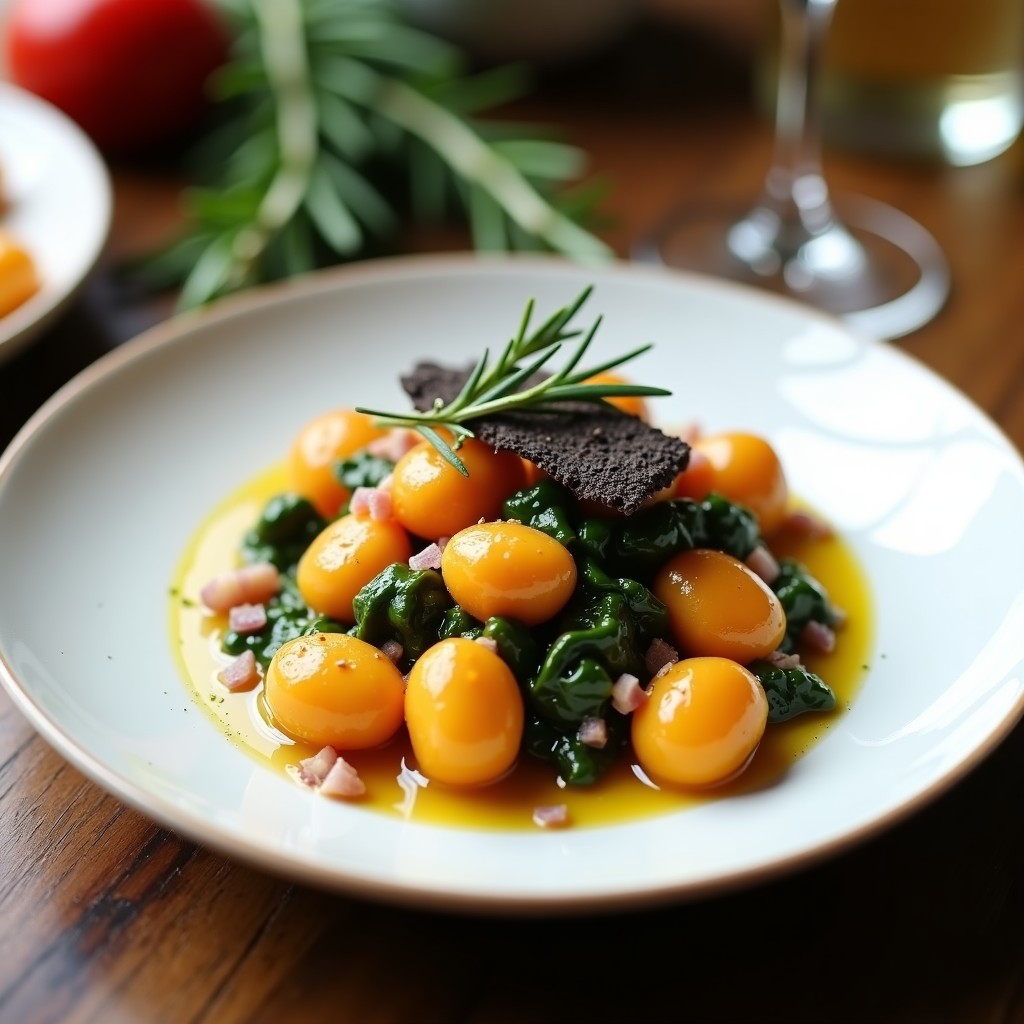 Plato blanco hondo con gnocchi de boniato dorados, bañados en salsa cremosa de espinacas y cebolla morada, con un toque de aceite de trufa negra y virutas de trufa por encima.