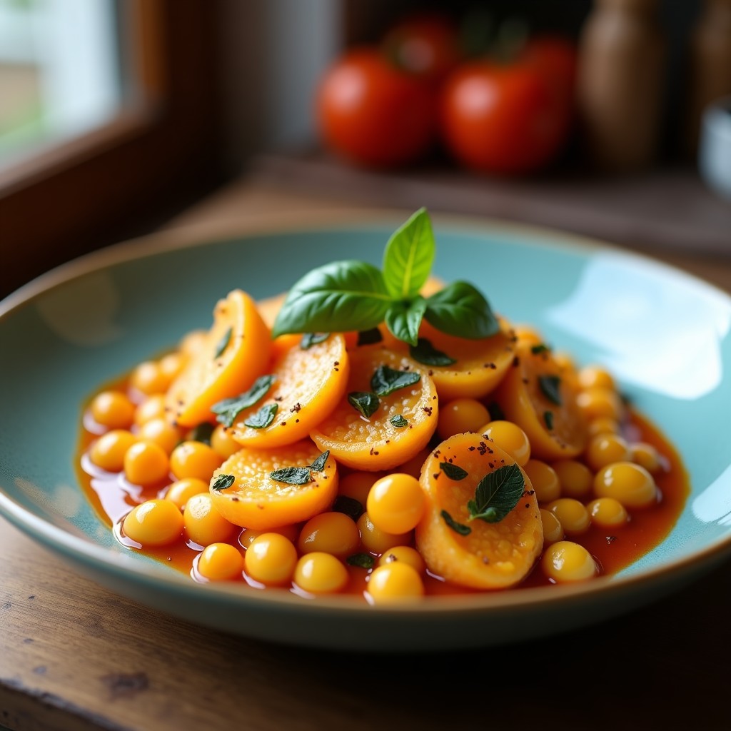 Plato blanco con gnocchi de calabaza asada y salvia, dorados y esponjosos, acompañados de hojas de salvia fresca y un hilo de aceite de oliva virgen extra.