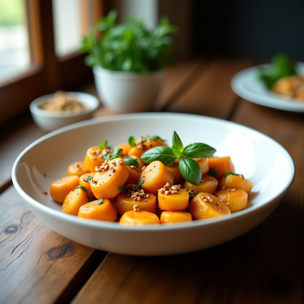 Plato blanco con gnocchi de calabaza asada veganos dorados, cubiertos con salvado de nueces tostado y hojas de albahaca fresca, receta sin gluten y esponjosa.