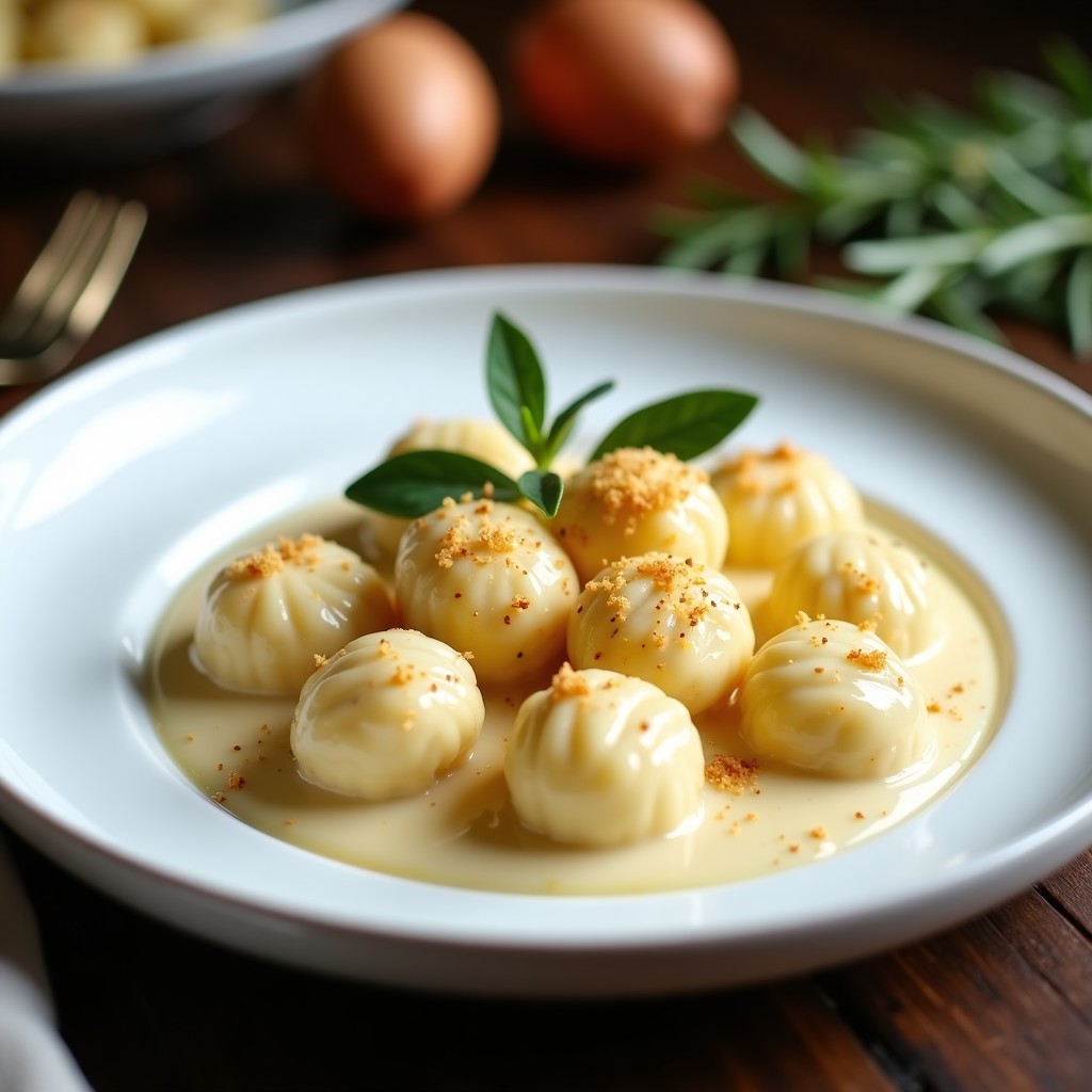 Plato blanco con gnocchi de coliflor dorados, bañados en una salsa alfredo cremosa y sin lácteos, decorados con albahaca fresca. Receta keto en Thermomix con harina de almendra.