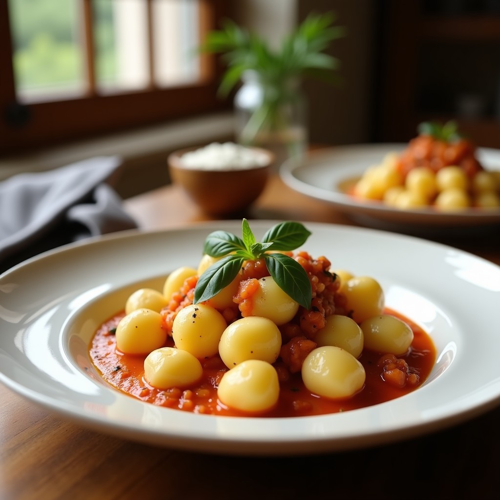 Gnocchi dorados y esponjosos de coliflor y queso pecorino servidos en un plato hondo blanco, bañados con una salsa cremosa de nueces pecanas tostadas y hojas de salvia fresca. Receta keto en airfryer con textura crujiente por fuera y tierna por dentro.