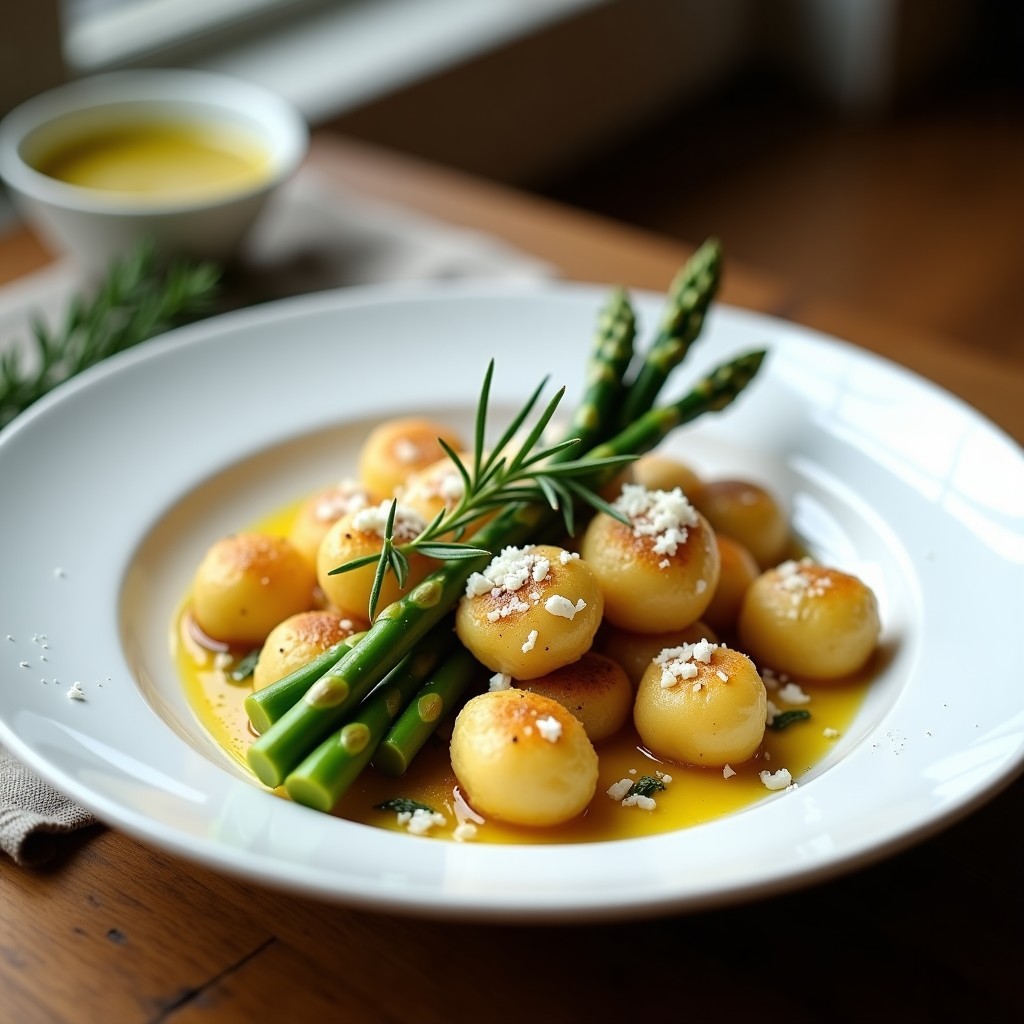 Plato blanco con gnocchi dorados y esponjosos, espárragos verdes al vapor, bañados en salsa de mantequilla y aceite de trufa, con virutas de parmesano y decoración de espárragos enteros, receta airfryer gourmet.