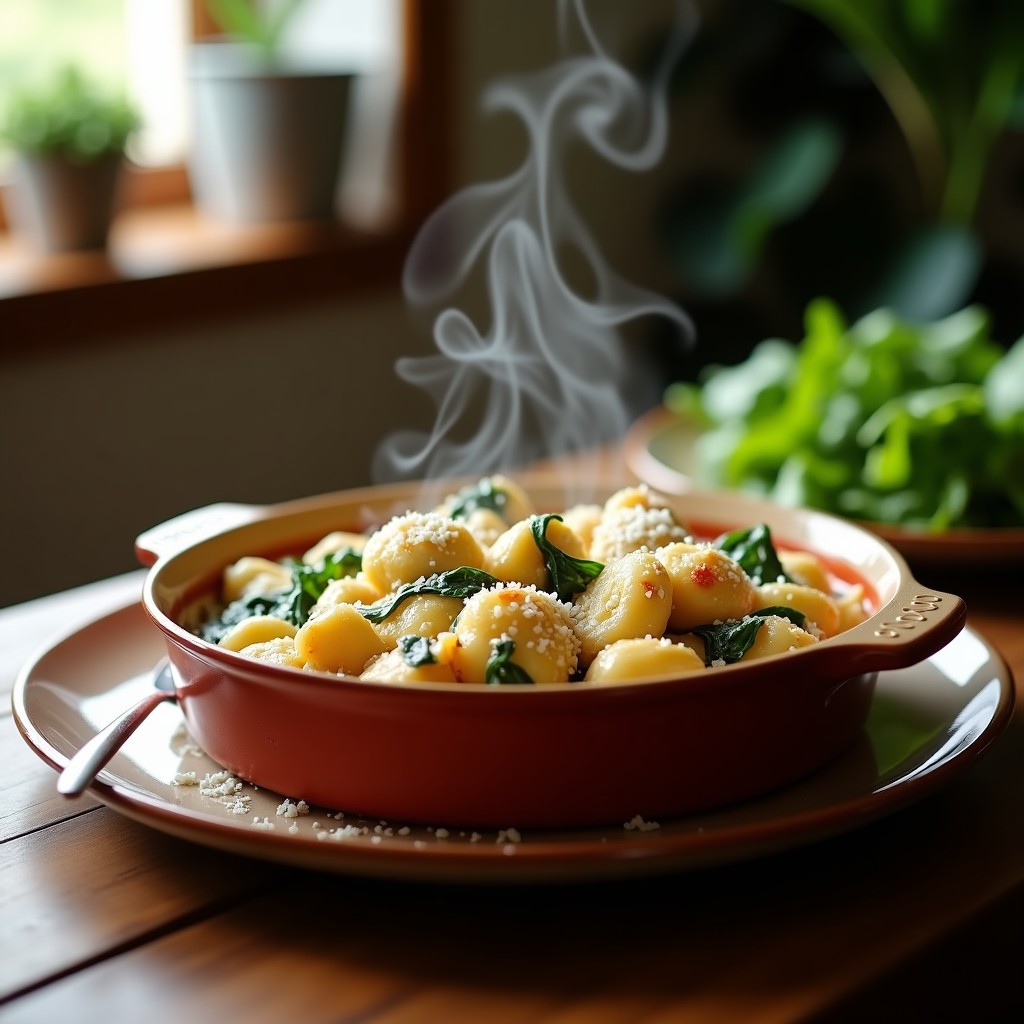 Fuente de barro con gnocchi de espinacas y gorgonzola al horno, gratinados y dorados, con espinacas frescas asomando entre la salsa cremosa.