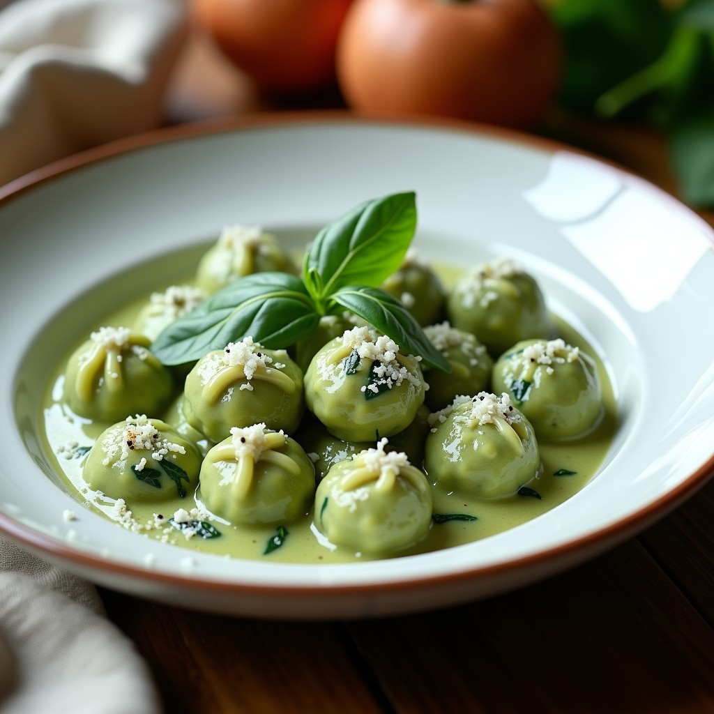 Plato blanco con ñoquis de espinacas de color verde claro, bañados en una salsa cremosa de gorgonzola, espolvoreados con parmesano rallado y decorados con hojas de espinaca fresca. Receta italiana sin harina.