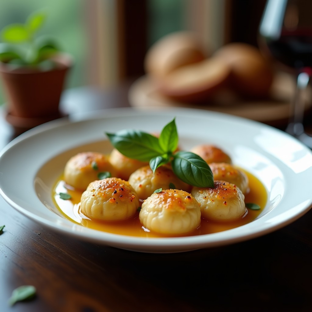 Plato blanco con gnocchi de ñame y harina de almendra sin gluten, dorados por fuera y esponjosos por dentro, acompañados de hojas de albahaca fresca y un hilo de aceite de oliva virgen extra.