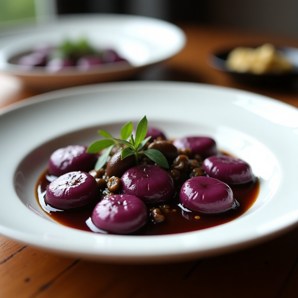 Plato hondo blanco con gnocchi de ñame morado violeta intenso, bañados en una salsa espesa de hongos portobello oscura, decorados con hojas de romero fresco y un hilo de aceite de oliva virgen extra, sobre fondo de madera rústica.